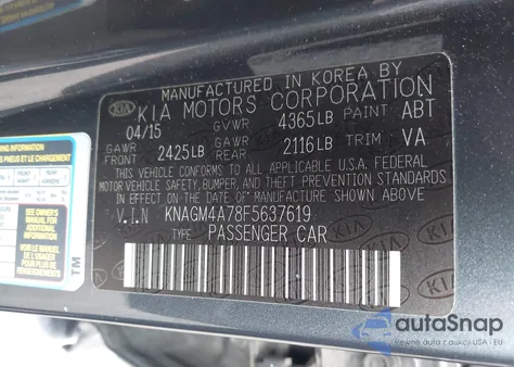 2015 Kia Optima Lx z USA, uszkodzony, nr VIN KNAGM4A78F5637619